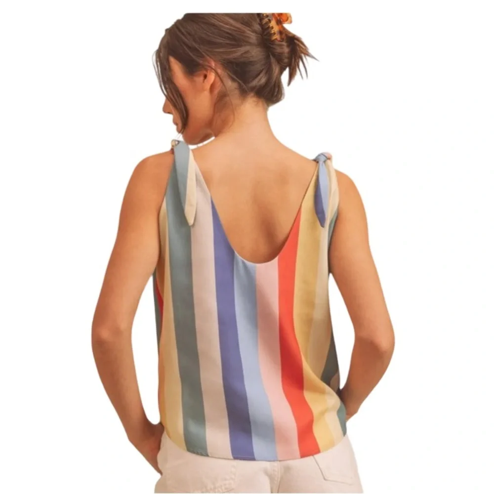 Aemi + Co Gracie Tank Top Tank Rainbow Stripe Tie Shoulder Women’s Large - Picture 2 of 12